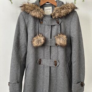 Esprit Gray Wool-Blend Toggle Pea Coat with Faux Fur Trim